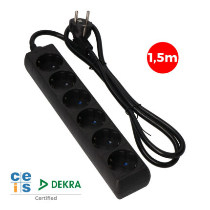 Extensor com 6 tomadas 2p+e, 16a 250v~ 1,5 m cabo h05vv-f 3g1,5mm² preto