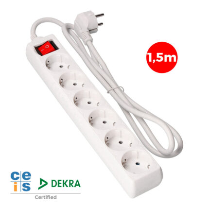 Extensão com 6 tomadas 2p+e, 16a 250v~ com interruptor luminoso, cabo 1,5 m h05vv-f 3g1,5mm² branco