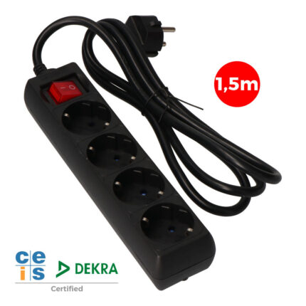 Extensão com 4 tomadas 2p+e, 16a 250v~ com interruptor luminoso, cabo 1,5 m h05vv-f 3g1,5mm² preto