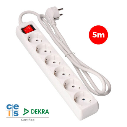Cabo de extensão com 6 tomadas 2p+t, 16 a 250 v, cabo h05vv-f 3g + interruptor iluminado de 5 m