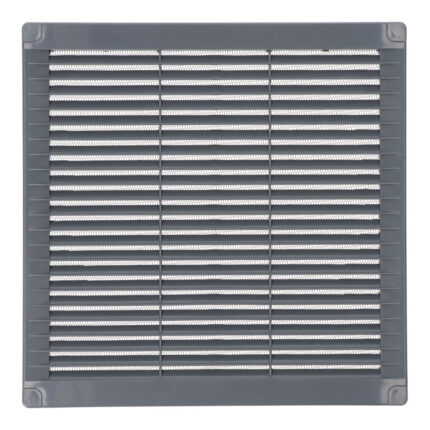 Grelha de ventilação quadrada com plugues e mosquiteiro 250x250x7mm abs cinza