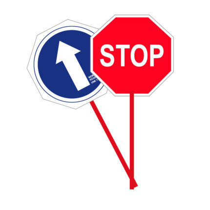 Placa manual de sinalização dupla face com stop e sentido obrigatório, pvc 2 mm, ø 30 cm