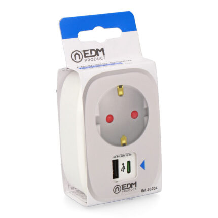 Adaptador de 1 tomada 2p+t schuko com 2 usb a + c, branco