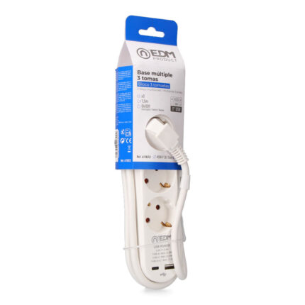 Extensão com 3 tomadas 2p+t schuko, com interruptor, 2 usb a + c, 16 a 250 v, cabo h05vv-f, 3g1,5mm² de 1,5 m, branco